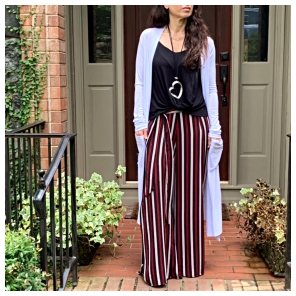Chic faux wrap belted multi striped pants - Picture 2 of 8